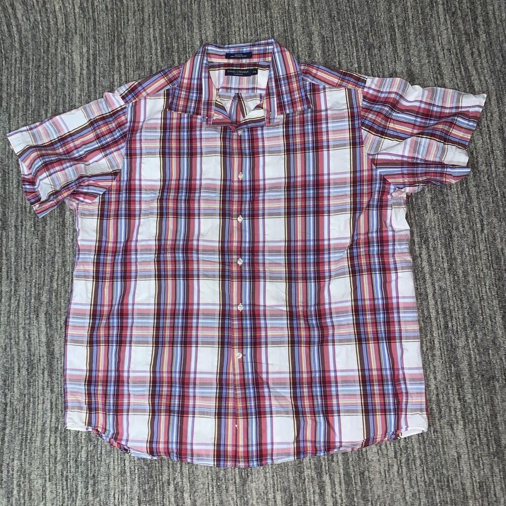 Daniel Cremieux Mens Size XXL Button Front‎ Denim Red Blue Plaid Short Sleeves